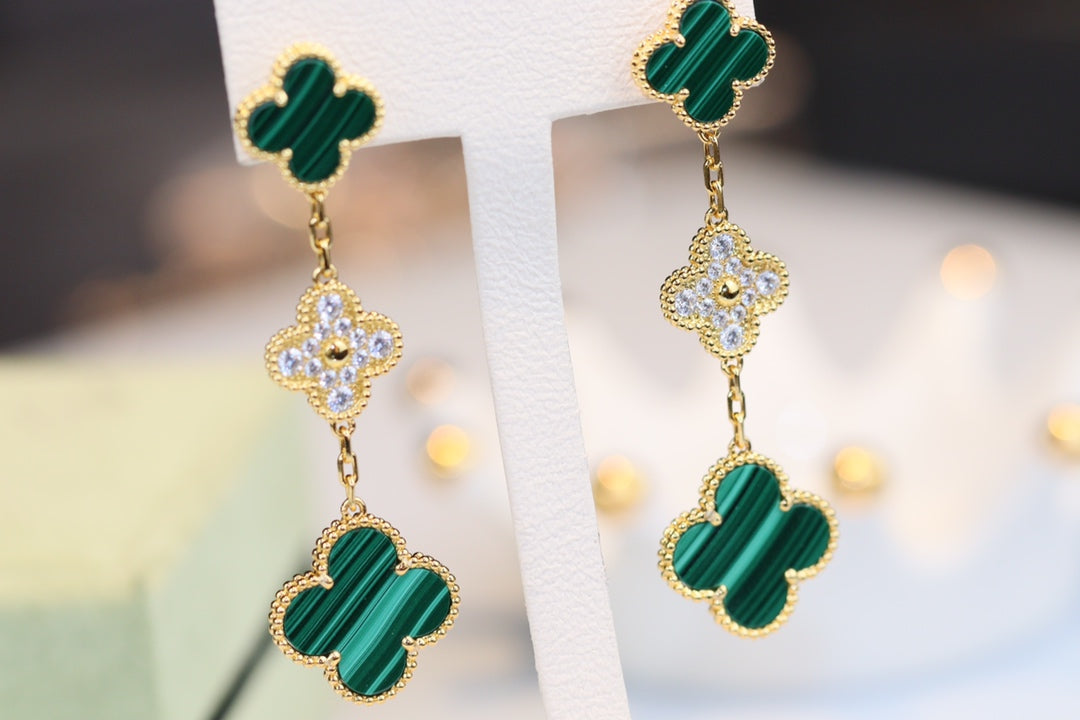 Mysitc CLOVER EARRINGS GOLD MALACHITE DIAMOND 3 MOTIF