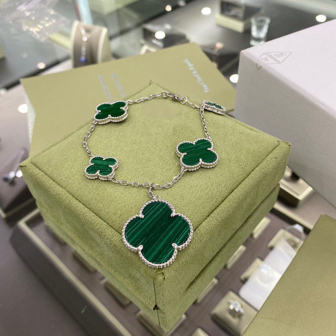 Mysitc CLOVER 5 MOTIFS SIVLER MALACHITE BRACELET