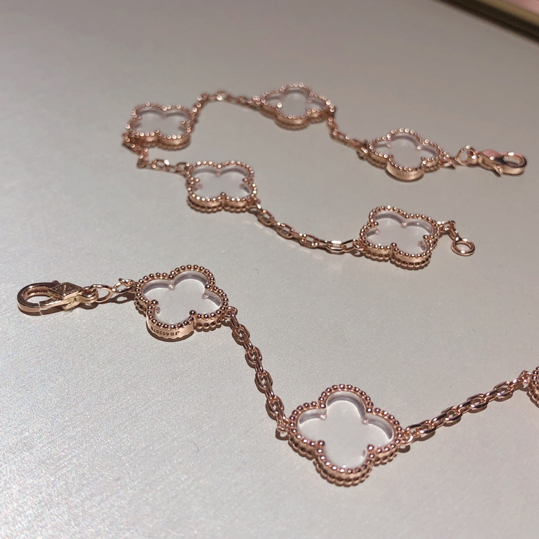 [Mystic]CLOVER 5 MOTIF ROCK CRYSTAL PINK GOLD BRACELET
