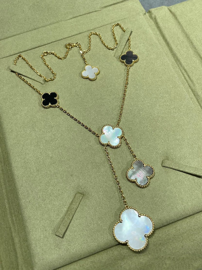 [Mystic]CLOVER 6 MOTIF MOP ONYX GOLD NECKLACE