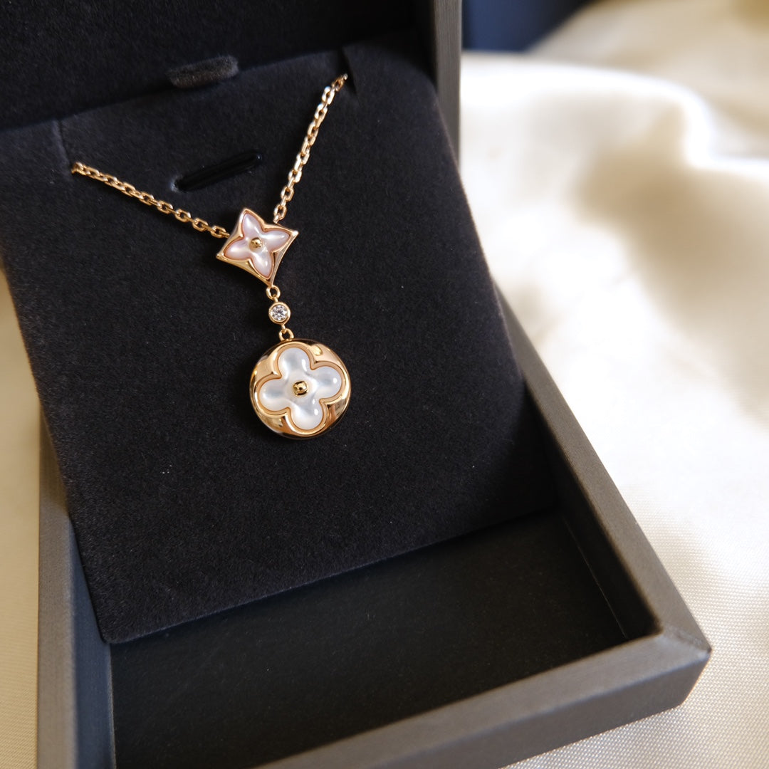 [Mystic]STAR AND SUN WHITE MOP 2 MOTIF PINK GOLD NECKLACE