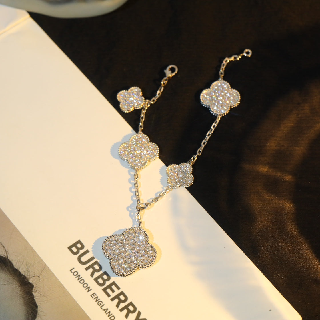 [Mystic]CLOVER BRACELET 5 MOTIF SILVER DIAMOND PAVED-w