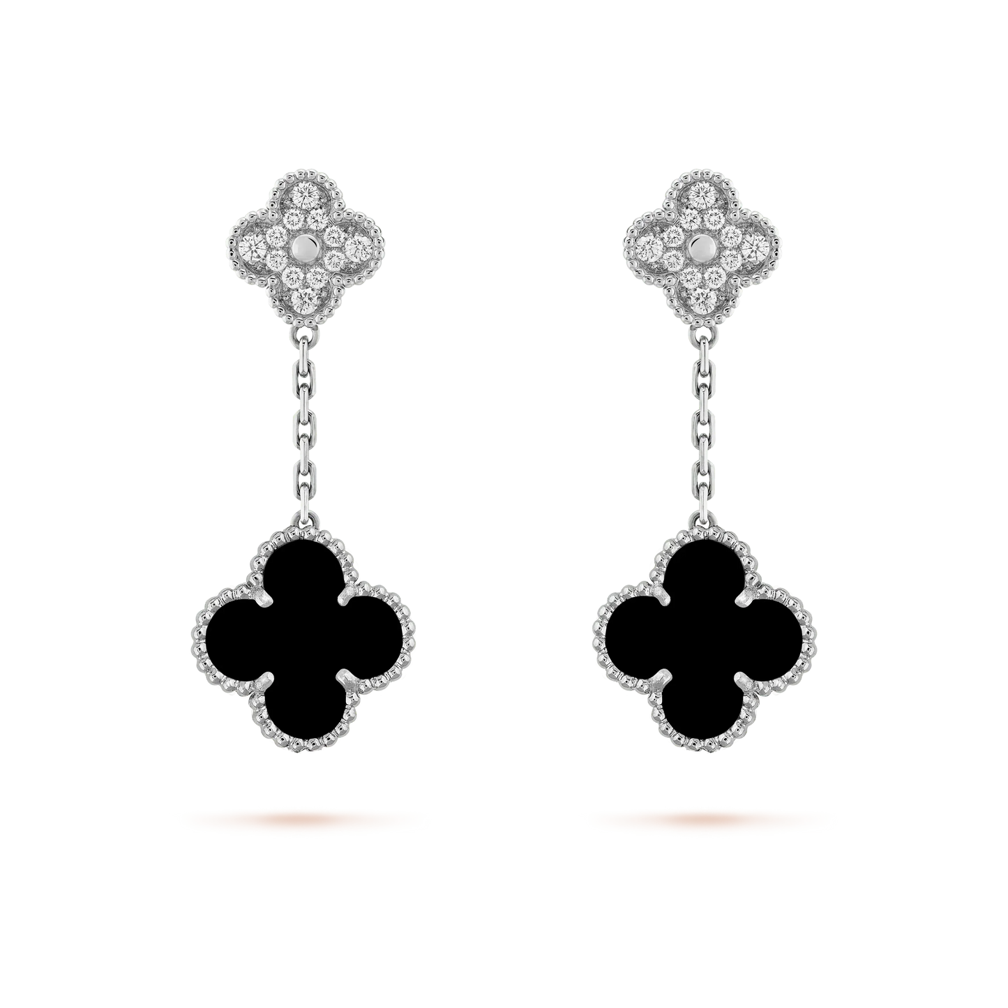 [Mystic]CLOVER 2 MOTIFS  DIAMOND ONYX EARRINGS SILVER