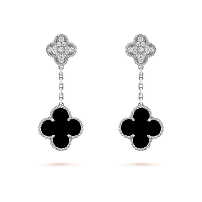 [Mystic]CLOVER 2 MOTIFS  DIAMOND ONYX EARRINGS SILVER