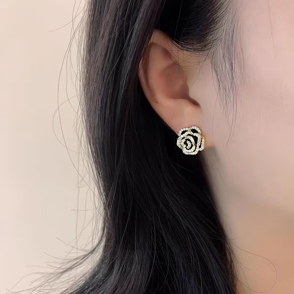 3D Black Camellia Stud Earrings