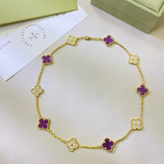 Mysitc CLOVER 10 MOTIFS  PURPLE VIOLET DIAMOND NECKLACE