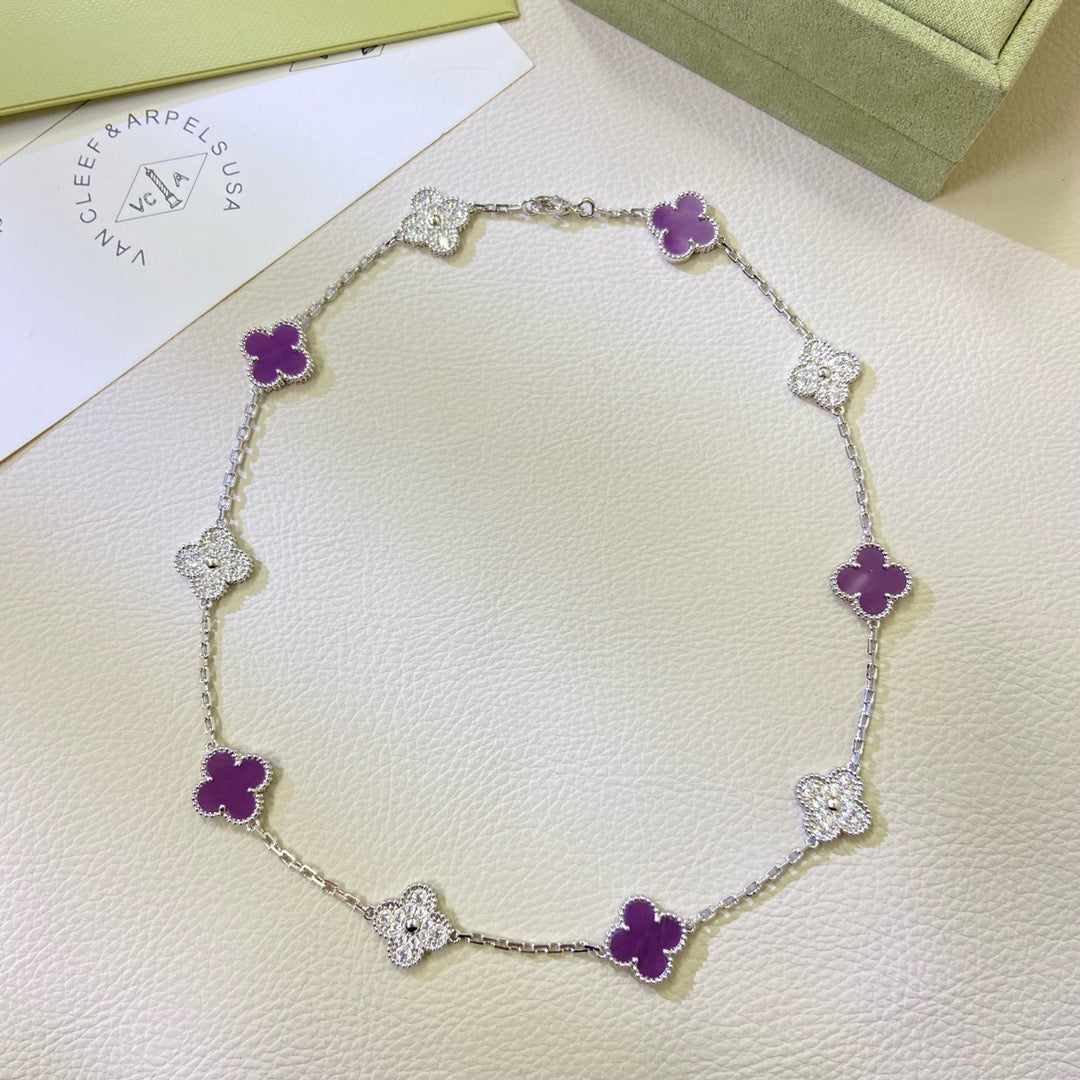 Mysitc CLOVER 10 MOTIFS  PURPLE VIOLET DIAMOND NECKLACE