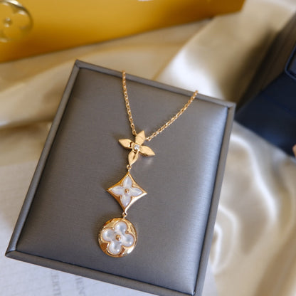 [Mystic]COLOR BLOSSOM LARIAT NECKLACE PINK GOLD WHITE MOTHER PEARL AND DIAMOND