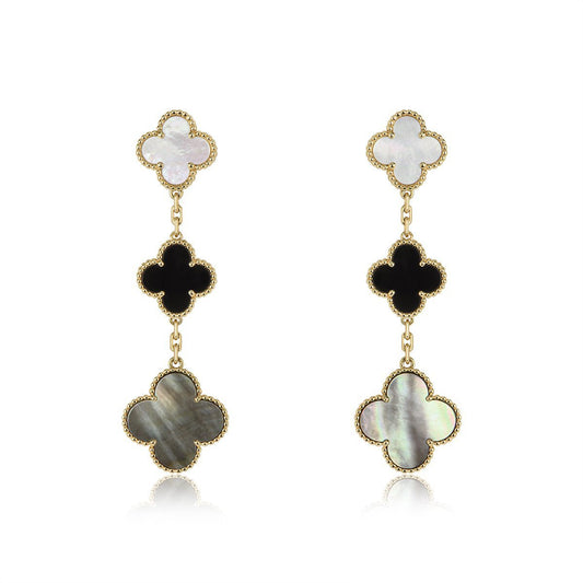 [Mystic]CLOVER EARRINGS GOLD ONYX MOP 3 MOTIF